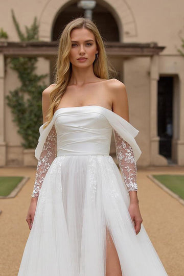 Off The Shoulder Ivory A-Line Tulle Long Sleeve Wedding Dress With Slit